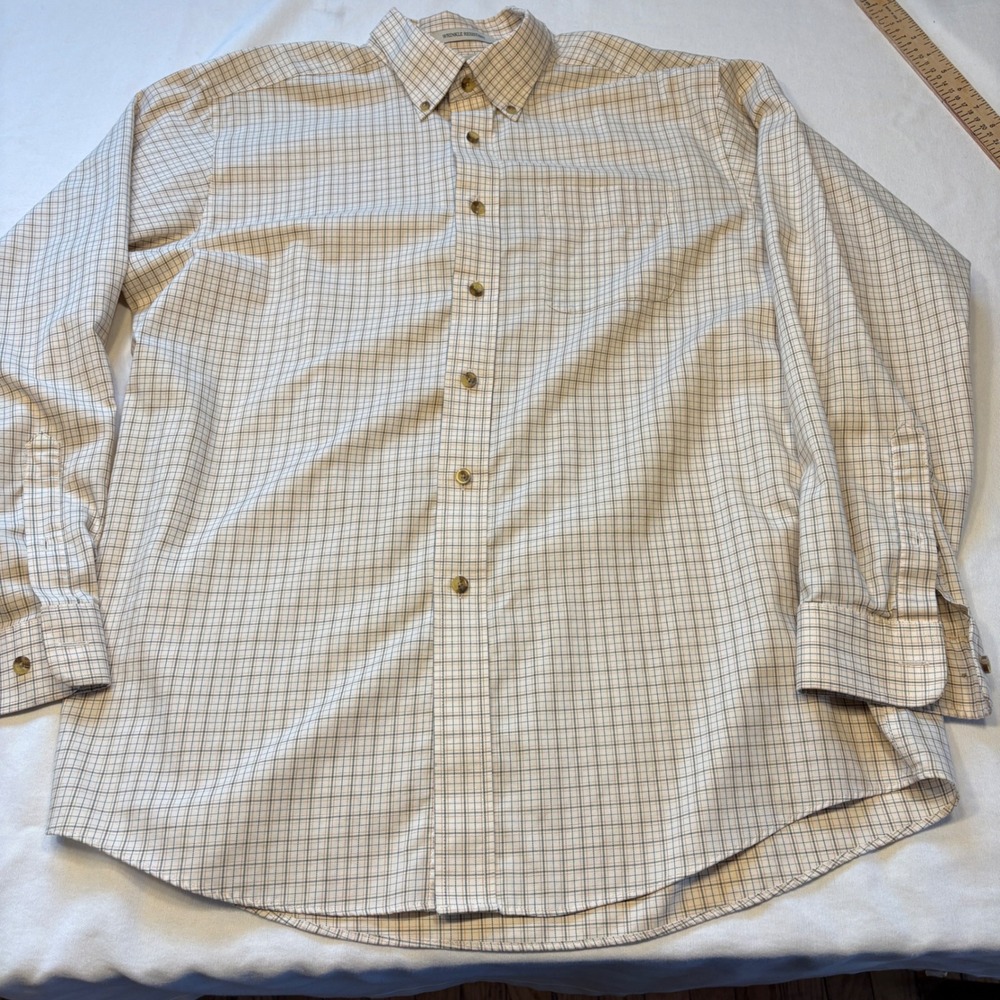 LL Bean Mens Large Regular Wrinkle Resistant Cotton Tattersall Check Shirt Cream